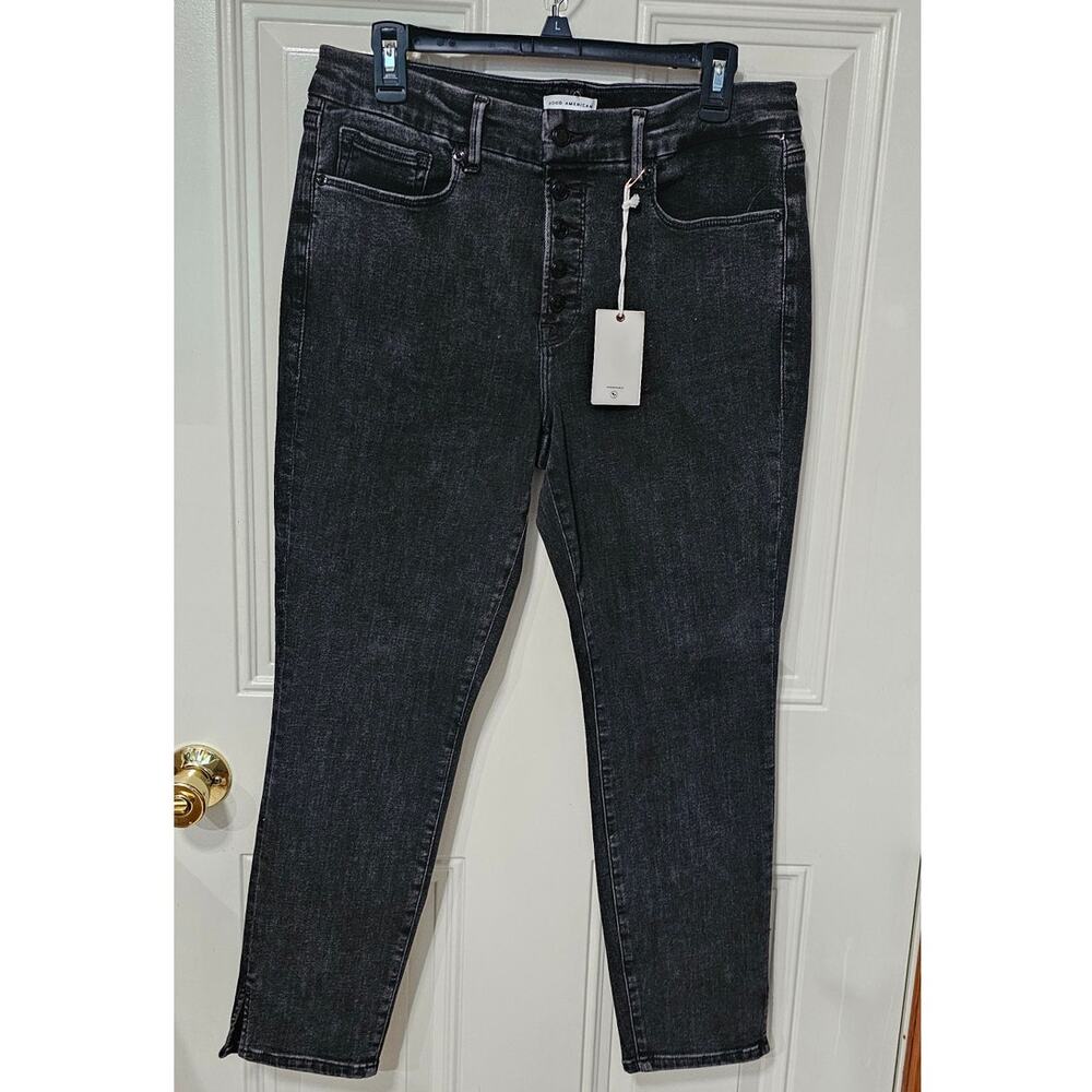 NWT Good American Good Classic Slim Straight Jeans Acid Wash Black button fly 14
